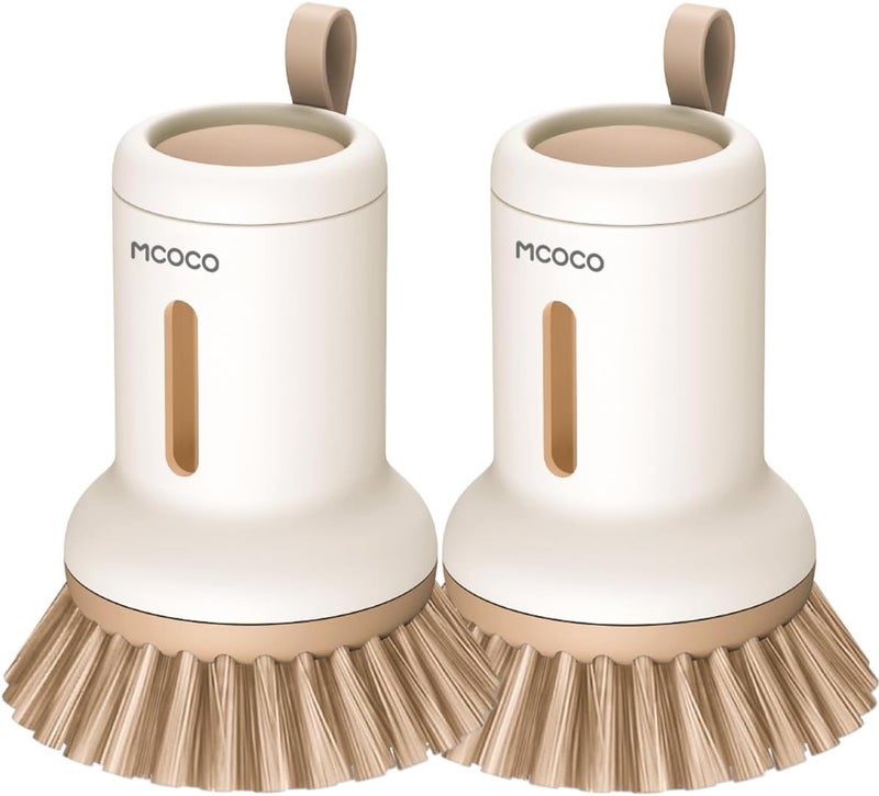 MOCOCO Soap Dispensing Palm Brush Scrub Brush with Soap Dispenser Palm Dish Brush Soap Dispenser Brush Dish Scrub Brush for Kitchen Cleaning, Pan, Pot, Sink 2 Pack Yellow - Image 1